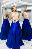 Two Pieces Satin Royal Blue A-line Prom Dress Spaghetti Strap Long Party Dress With Pink Lace Bodice OKY39