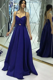 Simple A-line Spaghetti Straps Royal Blue Satin Long Prom Dress With Criss Cross Back OKY41