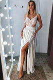 Classic A-line Spaghetti Straps Off White Split Long Prom Dress With Lace Bodice OKY38