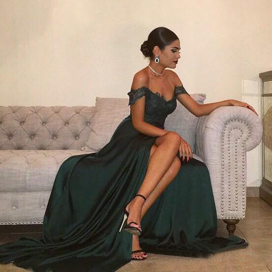 A Line Dark Green Chiffon High Split Prom Dresses,Sexy Lace Top Party Gown OK842
