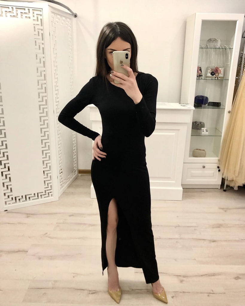 Sheath Long Sleeves Split Black Sexy Prom Dress, Formal Evening Dresses OKI80