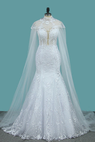New Arrival Tulle Scoop Wedding Dresses Mermaid With Lace Appliques OKE77