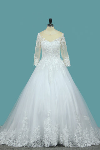A Line 3/4 Sleeves Tulle Scoop Wedding Dress With Applique OKE73