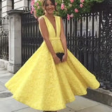 Yellow Lace A Line Deep V Neck Prom Dresses,Homecoming Dresses OK977