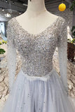 Long Sleeves V Neck Tulle A Line Sequins Prom Dress OKK10