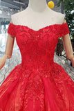 Red Quinceanera Dress Off The Shoulder Lace Up Back Appliques Beads OKK14