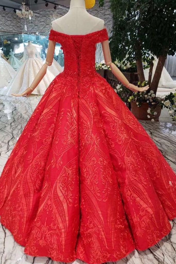 Red Quinceanera Dress Off The Shoulder Lace Up Back Appliques Beads OKK14