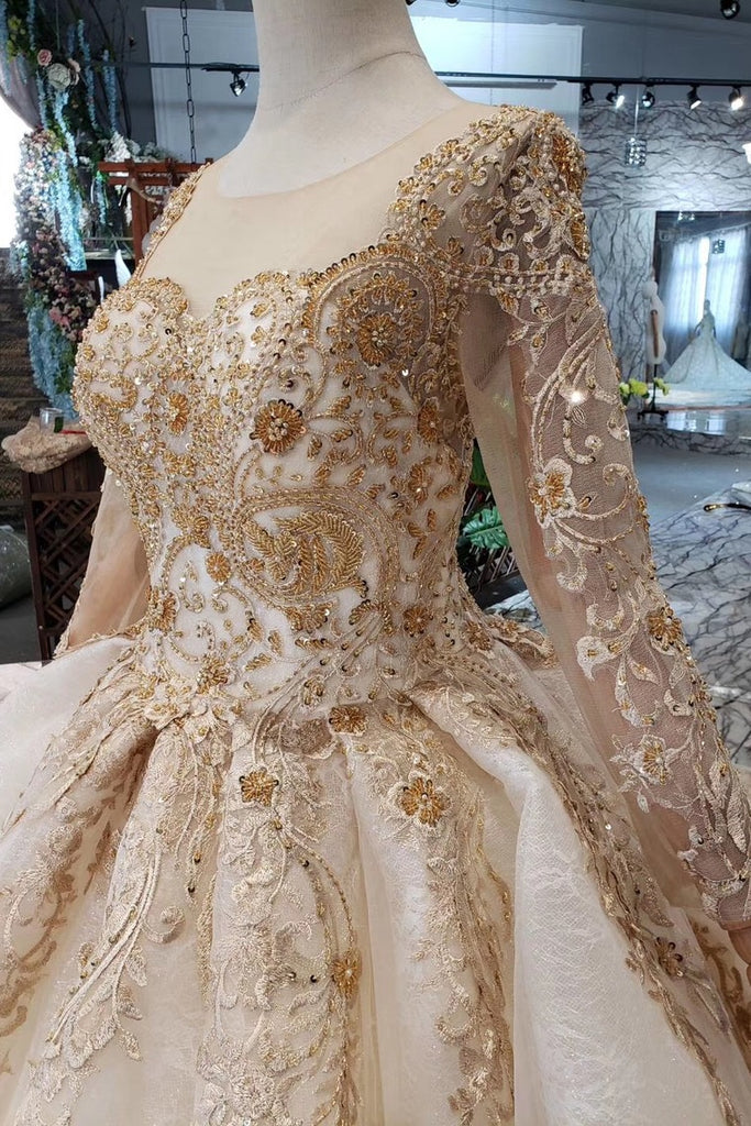 New Arrival Prom Dress Long Sleeves Ball Gown Scoop With Applique Beads Lace Up Back OKK16