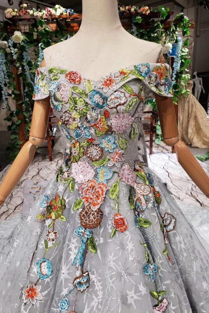 Princess Prom Dress Off The Shoulder Lace Up Back Appliques Tulle OKL18