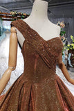 Brown One Shoulder Lace Up Back Sequins Beads Prom Dress OKL19