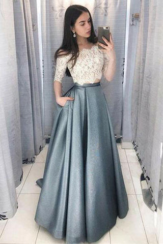 Two Piece Off the Shoulder Half Sleeves Prom Dresses With Lace Top OKJ64