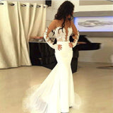 Charming Ivory Mermaid Sheer Neck Long Sleeves Lace Appliques Wedding Dress OKX89