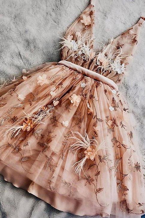 Sweet Short Prom Dress, A-line V-neck Sleeveless 3D Flowers Homecoming Dress OKZ76