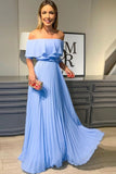 A-line Off the Shoulder Chiffon Blue Long Prom Dress Elegant Formal Dress OKT66