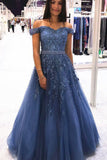 Blue Off the Shoulder Lace Appliques Tulle Long Prom Dress with Beaded OKT65