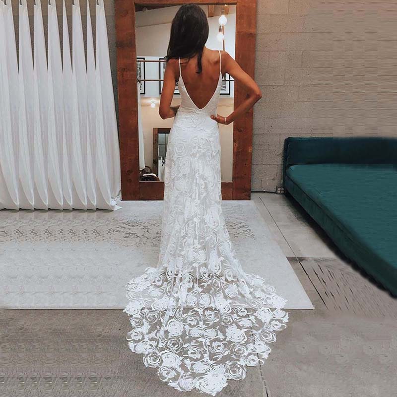 Latest Beach A-line Lace Bridal Wedding Gown Backless Plunge Wedding Dress OKV28