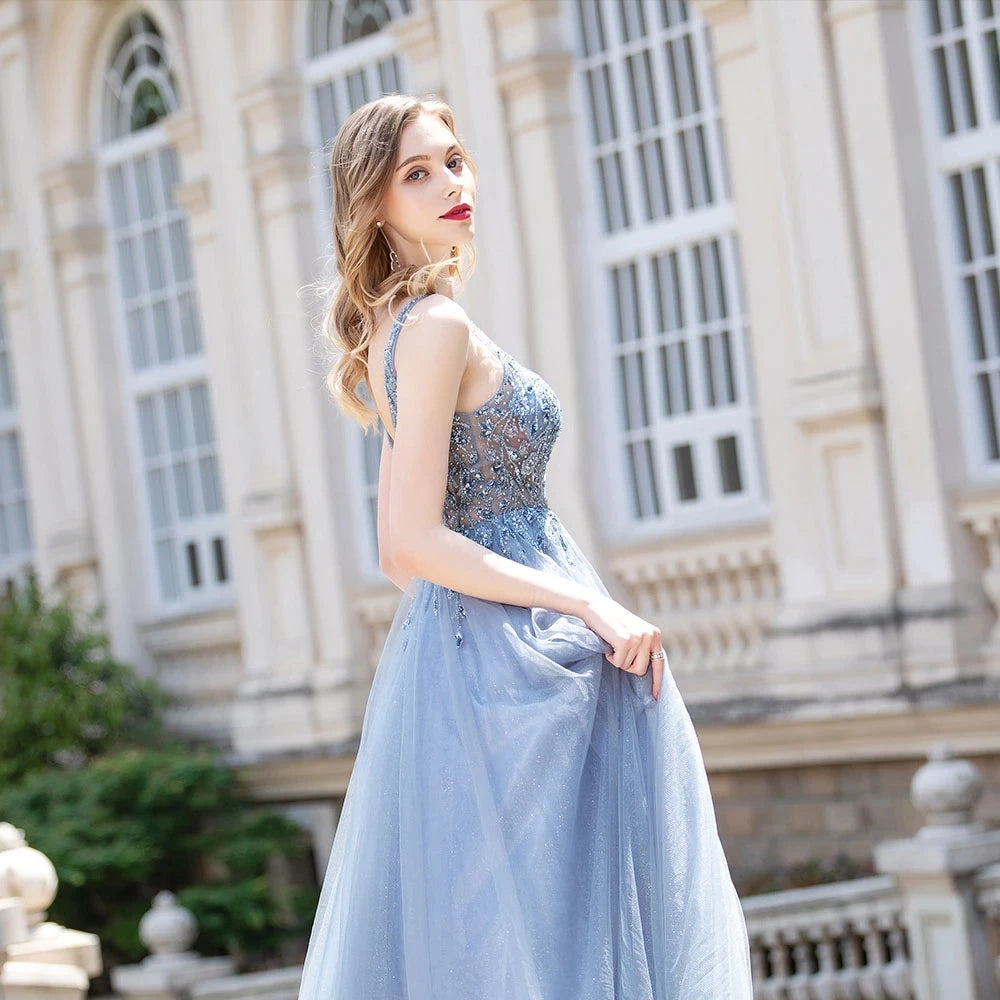 A-line Crystal V Neck Long Prom Dress Tulle Beaded Sleeveless Party Gown OKW60