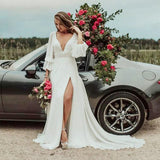 Deep V Neck A-line Long Sleeves Wedding Dress With Slit V Back Long Bridal Gowns OKX86