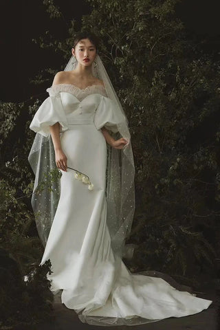Off The Shoulder Satin Wedding Dresses, Fashion Long Mermaid Bridal Dresses OK1947