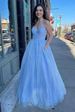 A-Line V Neck Long Floor-Length Sparkly Tulle Prom Dress With Pockets OK2006