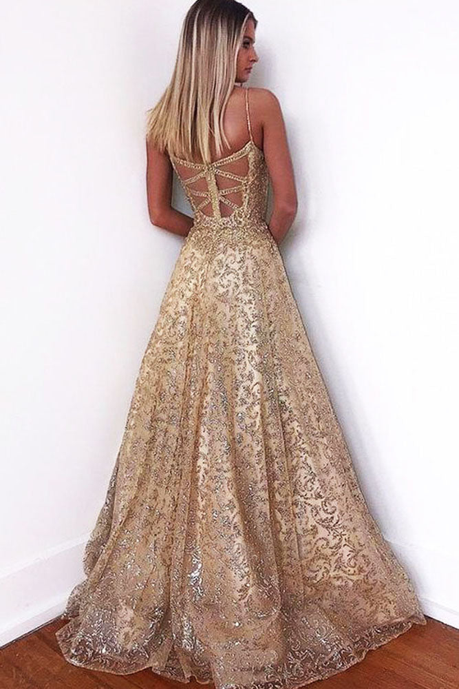 Glitter Gorgeous A-line Sweetheart Cross Back Gold Sequins Long Prom Dress OKT63