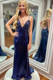Navy Blue Sequin V-Neck Lace-Up Mermaid Long Prom Dresses With Straps OK1748