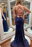 Navy Blue Sequin V-Neck Lace-Up Mermaid Long Prom Dresses With Straps OK1748