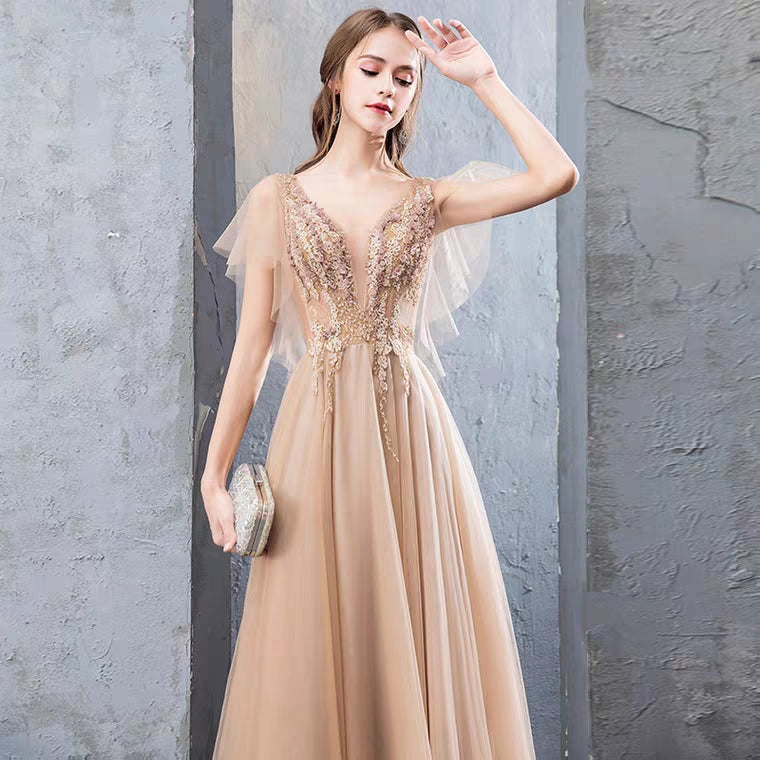 A-line Short Sleeves Tulle Beading Long Prom Dress Evening Dress OKT21