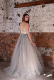 Sexy White Top A-line Lace Grey Tulle Strapless Sweetheart Neck Wedding Dress OK388