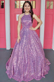 Purple Sequin Halter Backless A-Line Long Ball Gown Prom Dresses OK2025