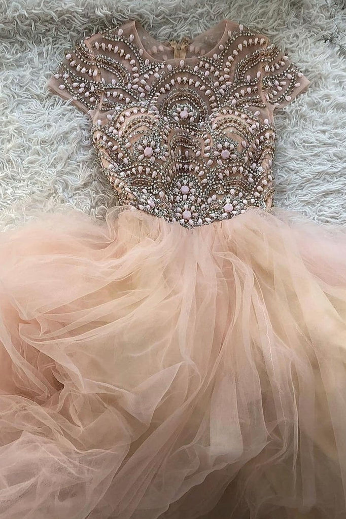 Pink Tulle Beads Long Prom Dresses A Line Formal Evening Dress OKP61
