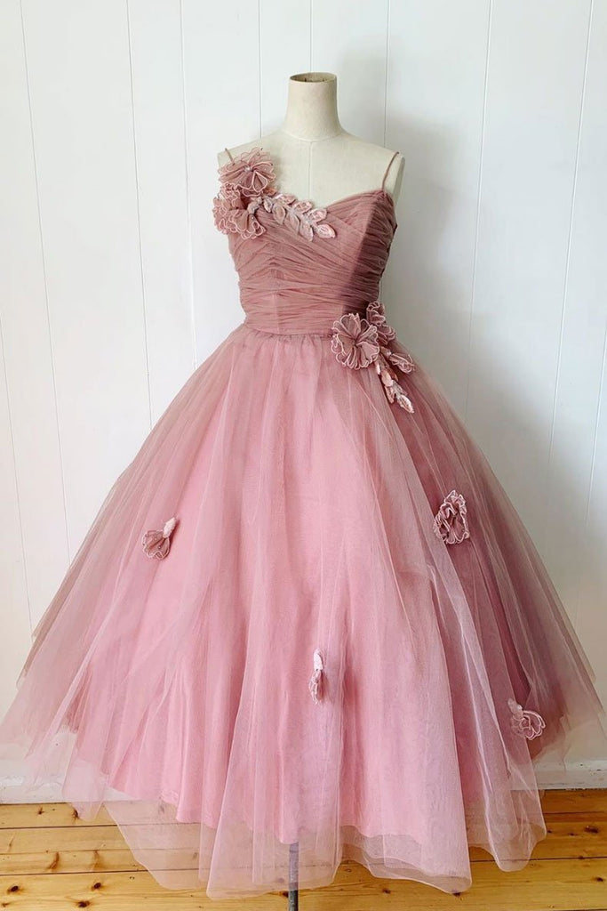 Pink Spaghetti Straps Tulle Tea Length Prom Dresses Bridesmaid Dress OKQ47