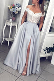 Gray Lace Appliqued Off Shoulder Satin Formal Prom Dresses With Pockets Evening Dresses OKQ42