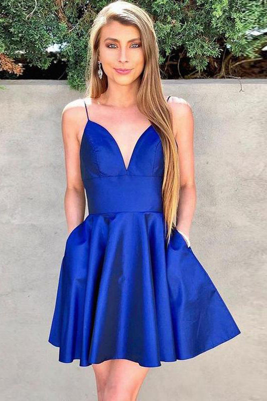 Royal Blue Spaghetti Straps V neck Satin Short Homecoming Dress With Pockets OKX68