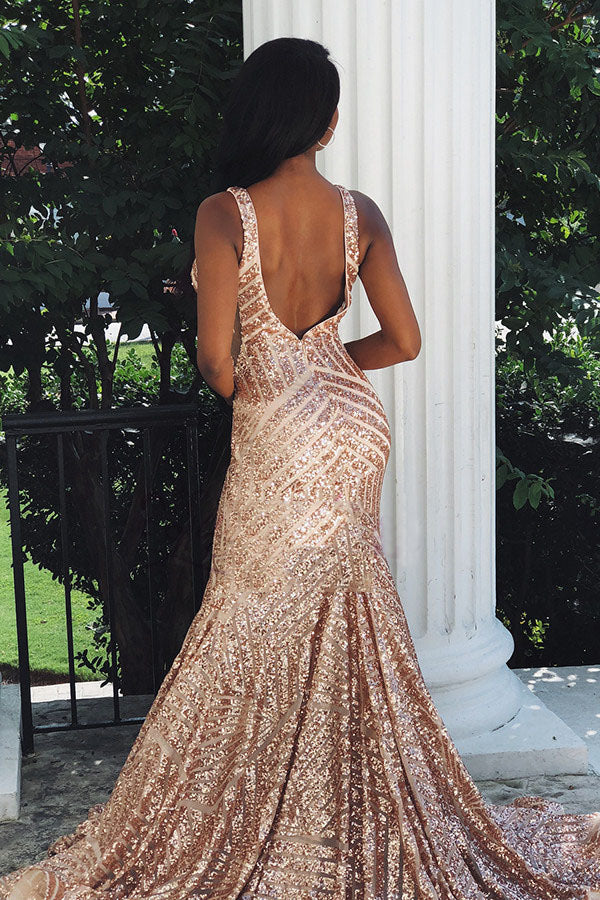 Charming Mermaid Backless Sequins Rose Gold Long Prom Dresses OKK75