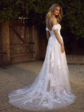A-line Off the Shoulder Lace Appliques Tulle Wedding Dress Boho Rustic Wedding Gown OKY33