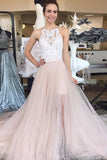 Pearl Pink Tulle A Line Lace Top Long Sleeveless Prom Dress OKQ2