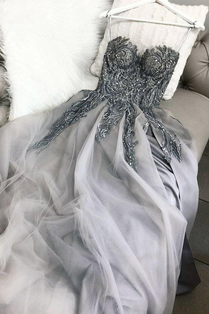 Gray Sweetheart Tulle Lace Appliques Long Prom Dress Formal Evening Dress OKS58