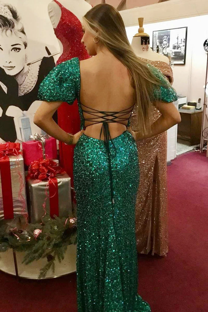 Emerald Green Sequin Square Neck Backless Mermaid Long Prom Dress OK2014