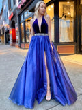 V Neck Backless Royal Blue Halter Prom Dress Long Beaded Formal Evening Dress OKT59
