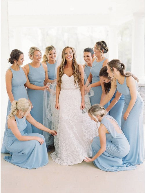 A-Line Round Neck Floor-Length Sky Blue Chiffon Bridesmaid Dress OKR90