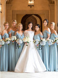 A Line Cold Shoulder Long Light Blue Chiffon Bridesmaid Dress with Ruffles OKR96