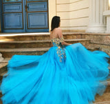 Off Shoulder Blue Gold Lace Prom Dress Long Lace Formal Evening Dress OKT93