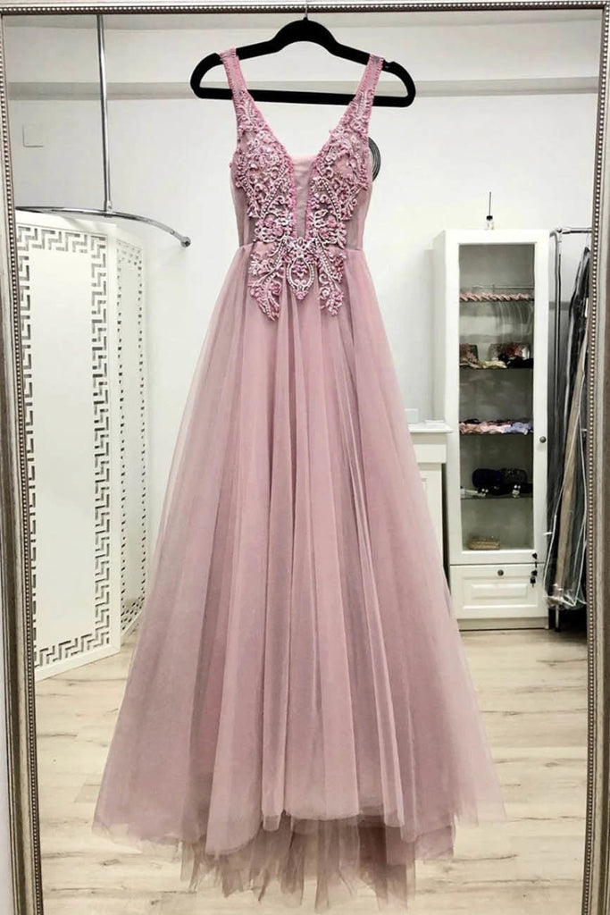 Pink V Neck Tulle Lace Appliques Long Prom Dress Evening Dress OKT88