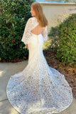 White Lace Long Sleeves Mermaid Open Back Mermaid Wedding Dress OK1616