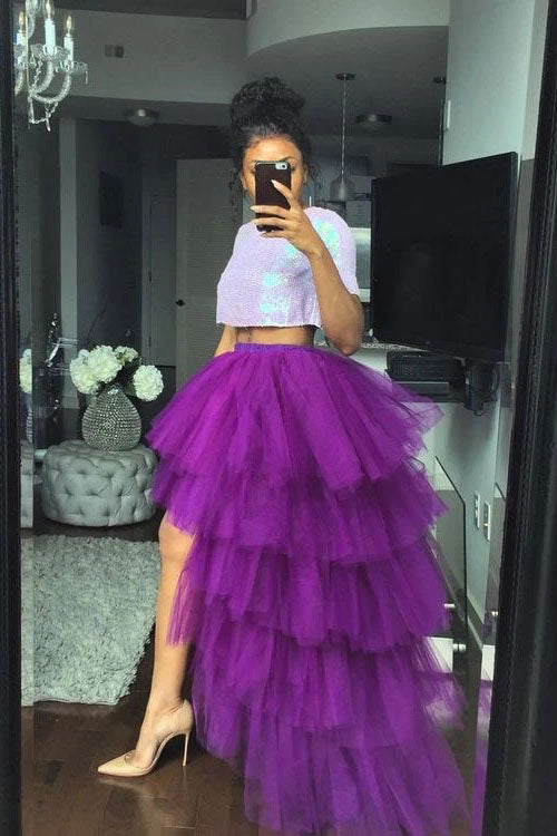 Two Pieces Purple Ruffles Short Sleeves Prom Dress Evening Dress OKT89