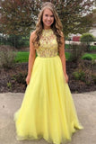 Yellow A-line Tulle Lace Top Long Sleeveless Prom Dress Evening Dress OKT90