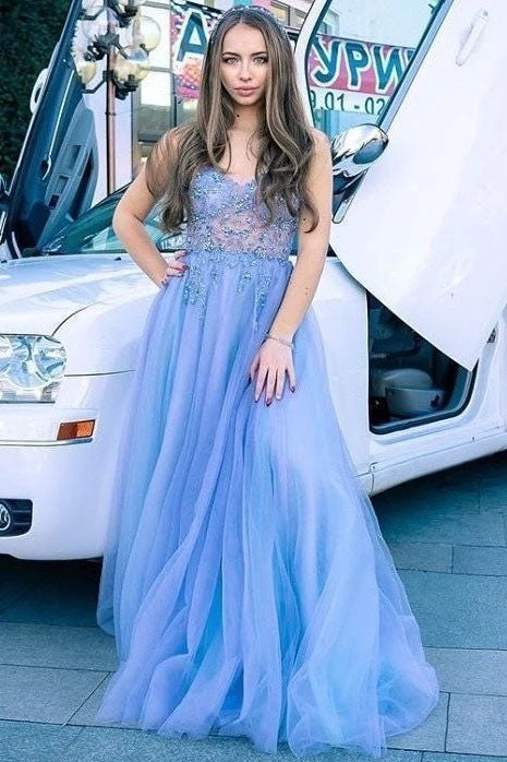 A-line Spaghetti Straps Sky Blue Tulle Long Prom Dress With Appliques OKT82