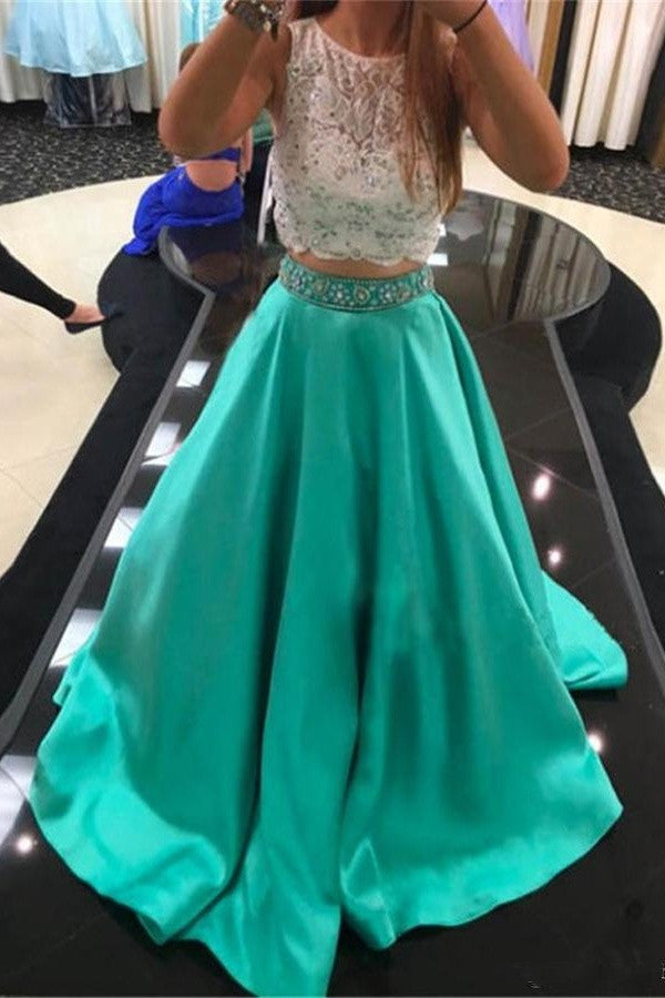 Two Pieces Lace Beading Satin Long Handmade Simple Green Prom Dress K725