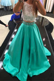 Two Pieces Lace Beading Satin Long Handmade Simple Green Prom Dress K725